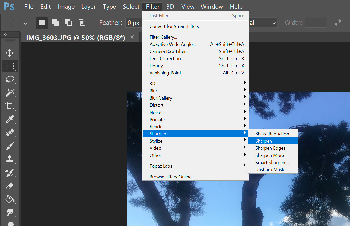 Potoshop Sharpen filter menu